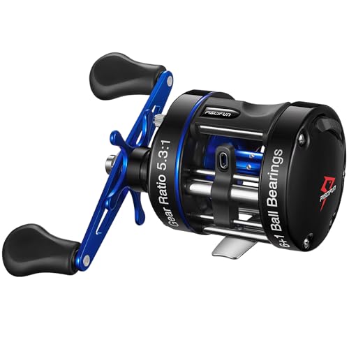 Piscifun Chaos XS Baitcasting Fishing Reel, Reinforced Metal Body Round Baitcaster Reel, Smooth Powerful Saltwater Inshore Surf Trolling Reel, Conventional Reel for Catfish, Musky, Bass, Pike - color: Blue, style: 40 Right Hand Retrieve