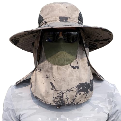 Sun Hat Unisex Face Coverage Shield Neck Flap Cap Garden Lawn Work Sports Hiking Fishing Hats - color: Khaki Ink Wash Pattern