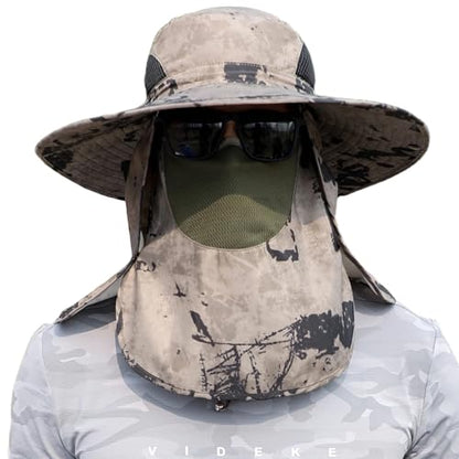 Sun Hat Unisex Face Coverage Shield Neck Flap Cap Garden Lawn Work Sports Hiking Fishing Hats - color: Khaki Ink Wash Pattern