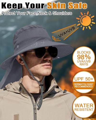 Outdoor Sun Hats with Stowable Neck Flap for Men Women UPF 50+ Mesh Summer Bucket Hat Wide Brim for Fishing Safari Hiking - color: Dark Grey