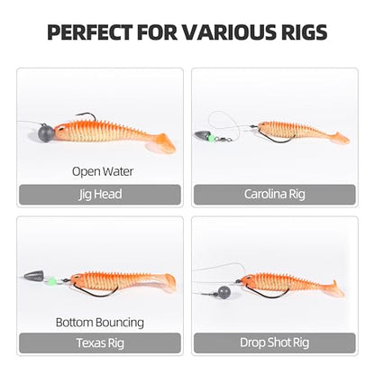 30pcs Soft Plastic Swimbaits with Paddle Tail, T-Tail Fishing Lures for Vertical Jigging and Casting, Freshwater Swimbaits for Bass, Trout, Walleye & Crappie - color: Dual Ribbed, 3''