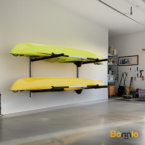Bonnlo Kayak Storage Rack, Adjustable Heavy Duty Kayak Rack for Kayaks Paddle Boards, Kayak Paddle Holder for Garage, Spacesaver, Gentle on Padding, Boat Organizer - style: 2 Kayaks, Wall Mount
