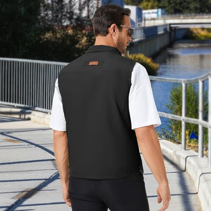 KIWI RATA Mens Casual Lightweight Outdoor Vest Summer Fishing Safari Travel Outerwear Vests Cargo Utility Jacket - color: Black, size: Large