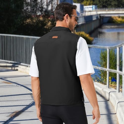 KIWI RATA Mens Casual Lightweight Outdoor Vest Summer Fishing Safari Travel Outerwear Vests Cargo Utility Jacket - color: Black, size: Medium