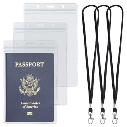 Uniclife 3 Pack Passport Holders with Lanyards for Travel Events | clear PVC passport holders with lanyards are waterproof and extra large for travel, cruises, events and IDs.