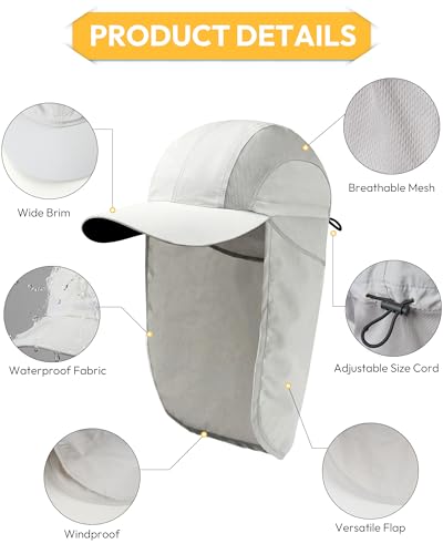 Mens Sun Hat with Breathable Mesh Sun Hats for Men Sun Protection Fishing Hat with Neck Flap for Hiking Cycling - color: Light Grey