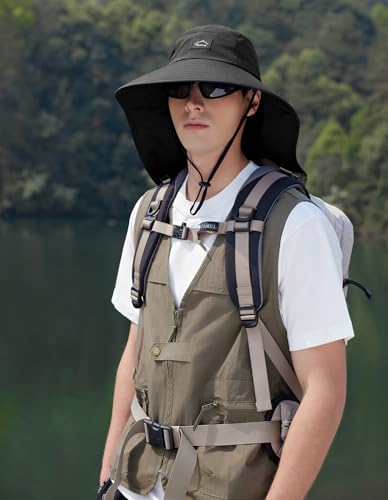 HUAMULAN Men Summer Sun Hat Women Safari Wide Brim Fishing Hats UV Protection Neck Flap Bucket Gardening Hiking Hunting Cap - color: Black With Black Mesh