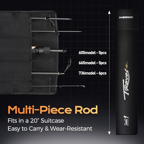 HANDING M1 Travel Fishing Rod 5/6-Piece Travel Spinning & Casting Rod | Travel Bass Fishing Rod Medium/Medium Heavy Power for Largemouth Smallmouth Spotted Bass Walleye Perch and Other Freshwater - size: 6'6''- Medium Heavy - Fast - 5pcs, style: Spinning