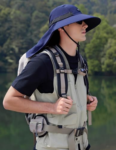 HUAMULAN Men Summer Sun Hat Women Safari Wide Brim Fishing Hats UV Protection Neck Flap Bucket Gardening Hiking Hunting Cap - color: Navy With Black Mesh
