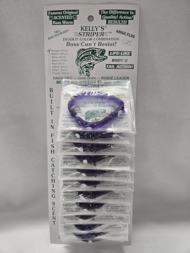 Kelly's Striper 12 Pack Anise Scented 3 Hook Pre-Rigged Worms, Plastic, 5.5 Inches, 8 Colors, Made in USA - color: Purple/White
