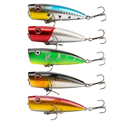 Popper Fishing Lures Topwater Fishing Baits Hard Baits 3D Eyes Swimbait Crankbait with Treble Hook for Bass Trout Freshwater Saltwater - color: 5pcs-2.6in/0.35oz