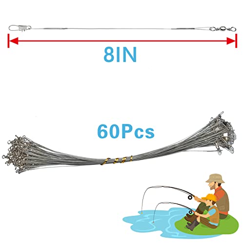 Benykyo Fishing Leader 40 lb High Strength Fishing Leaders with Swivels and Snaps，Steel Fishing Leaders Freshwater & Saltwater，Silver 60Pcs - size: 8"