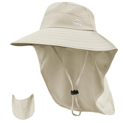 Rosoz Sun Hat for Men Women with Neck Flap,Wide Brim UPF50+ Fishing Hat with Detachable Face Cover Outdoor Sun Protection Hat - color: 1pack-beige