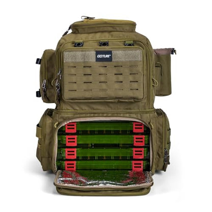 Goture Fishing Backpack with 4 Tackle Boxes, 53L 600D Water-Resistant Tackle Backpack with Cooler,Rod Holders, 8 Lure Pockets, Rain Cover, Large Fishing Bag Storage Gear Tackle Bag for Camping Hiking - color: C3:53L Insulated Khaki(With 4 3600 Tackle Boxe