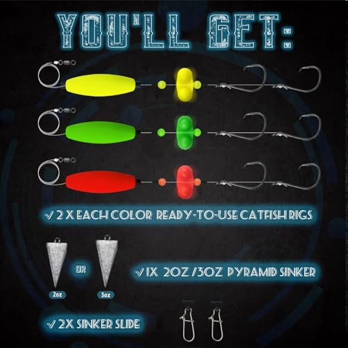 Narcissus Catfish Rigs Set – 6 Pre-Tied Rigs with 2 Sinker Sliders, Float Rigs Tackle, Santee Rig, Circle Hooks 6/0 – Complete & Ready-to-Use Kit - color: Hook Size 5/0&8/0-Weight 3 oz