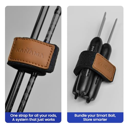 KANAMA Premium Cowhide Leather Fishing Rod Straps, 4 Pcs Hook & Loop Rod Wraps, Rod Belts & Tackle Ties, Stretchy Elastic Rod Ties, Fits Casting, Spinning & Fly Rods