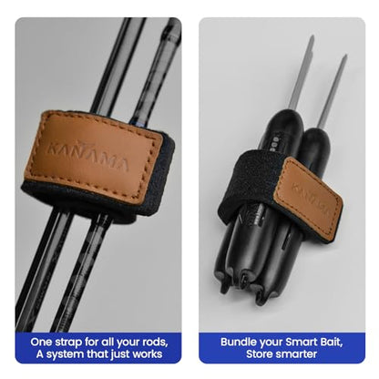 KANAMA Premium Cowhide Leather Fishing Rod Straps, 4 Pcs Hook & Loop Rod Wraps, Rod Belts & Tackle Ties, Stretchy Elastic Rod Ties, Fits Casting, Spinning & Fly Rods