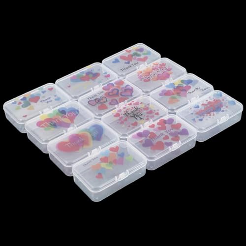 Goodma Plastic Storage Boxes, Transparent, 12 Pieces | 3.3 x 2.2 x 1 inch, Thank You Image Pattern, Hinge Lids