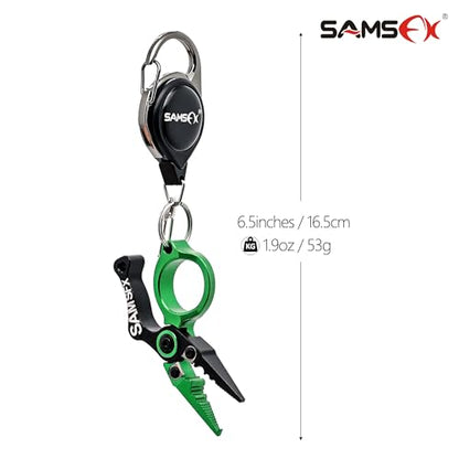 SAMSFX Mini Fishing Pliers with Fly Fishing Zinger Retractor, Fish Hook Remover Tool, Split Ring Pliers for Saltwater & Freshwater, Tungsten Carbide Cutters, Fishing Gear Gift for Anglers - color: Green