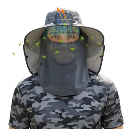 Berlune Solar Fan Hat Outdoor Fishing Hat with Neck Flap and Face Mask USB and Solar Powered for Men Women Sun Protection - color: Dark Gray