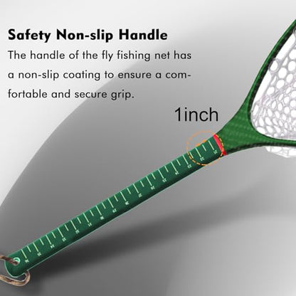 Riverruns Fly Fishing Landing Net Carbon Fiber Trout Net with Measurement Handle, Soft Rubber Mesh - 26" Standard (Wading) / 37" Long (Kayak) - color: 37" Kayak Net (Long) - Green 3K Woven