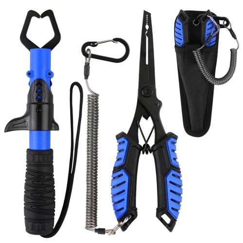mouhike Fishing Pliers Fish Lip Gripper Fishing Tool Kit Muti-Function Saltwater Fishing Line Cutter Hook Remover with Sheath Lanyard, Fly Ice Fishing Gear Fishing Gifts for Men Women - color: Blue & Black