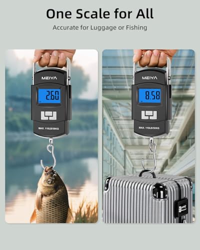 MEIYA Fish Scale 110lb/50kg Digital Fishing Scale with Backlit LCD, Portable Handle, Stainless Steel Hook & 2 AAA Batteries – Reliable Fishing Gear & Great Fishing Gifts for Men - color: Black