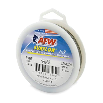 American Fishing Wire Surflon Nylon Coated 1x7 Stainless Steel Wire Leader - Wire Fishing Leader Line for Saltwater 10lb Up To 250lb Test in Bright, Black, Camo in 30ft, 100ft, 300ft, & 1000ft Lengths - color: Bright, style: 300 Feet, 30 Pound Test