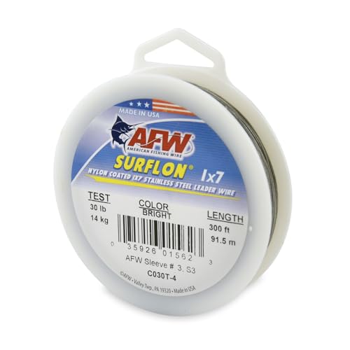 American Fishing Wire Surflon Nylon Coated 1x7 Stainless Steel Wire Leader - Wire Fishing Leader Line for Saltwater 10lb Up To 250lb Test in Bright, Black, Camo in 30ft, 100ft, 300ft, & 1000ft Lengths - color: Bright, style: 300 Feet, 30 Pound Test