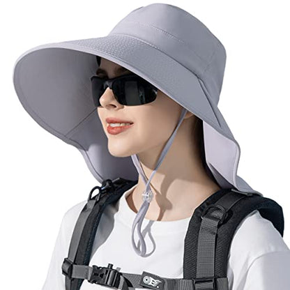 HUAMULAN Men Summer Sun Hat Women Safari Wide Brim Fishing Hats UV Protection Neck Flap Bucket Gardening Hiking Hunting Cap - color: Bg8112-lightgray