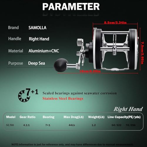 Sea Fishing Reel 44-66 LB Max Drag Saltwater Round Conventional Trolling Reel Aluminum CNC 2.8:1/4.4:1 Gear Ratio 5+1/7+1 Bearings for Tuna Salmon Marlin - color: BLack-Right Hand, size: 44Lb-SL500