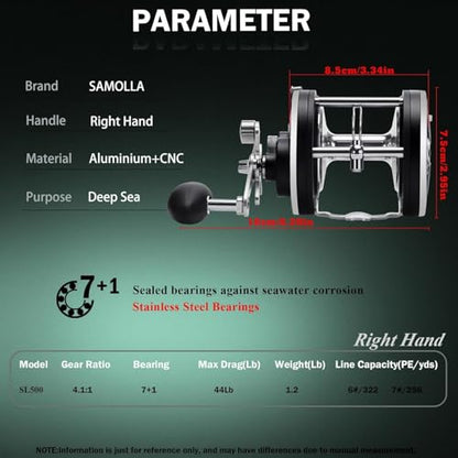 Sea Fishing Reel 44-66 LB Max Drag Saltwater Round Conventional Trolling Reel Aluminum CNC 2.8:1/4.4:1 Gear Ratio 5+1/7+1 Bearings for Tuna Salmon Marlin - color: BLack-Right Hand, size: 44Lb-SL500