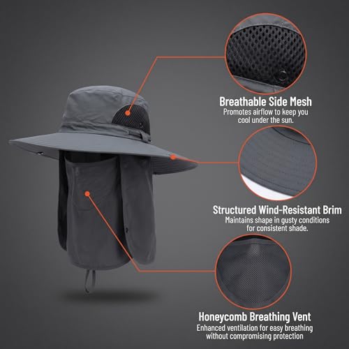 Fishing Hat for Men, UPF 50+ Removable Sun Protection Cap with Face Neck Flap, Hiking & Garden Summer Sun Hat for Women (US, Alpha, One Size, Grey)
