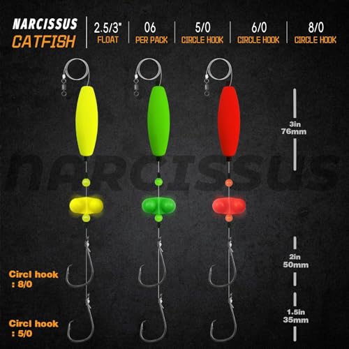 Narcissus Catfish Rigs Set – 6 Pre-Tied Rigs with 2 Sinker Sliders, Float Rigs Tackle, Santee Rig, Circle Hooks 6/0 – Complete & Ready-to-Use Kit - color: Hook Size 5/0&8/0-Weight 3 oz