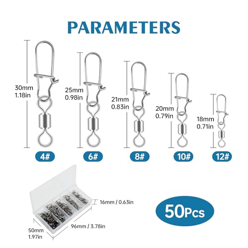 50 Pcs Fishing Swivels Set, Durable Carbon Steel Fishing Swivels & Snaps for Smooth Rotation, Tangle-Reducing Rigging, Ideal for Freshwater & Saltwater Anglers