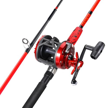 Sougayilang Conventional Reel and Fishing Rod Combo – Medium Heavy Fiberglass Rod, Heavy Duty Catfish Trolling Reel Combo for Catfish Salmon and Steelhead 6/7ft - color: Red-6FT-3000