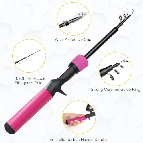 Kids Fishing Pole Kit, 59'' Telescopic Rod and Reel Beginner Combo with Spincast Reel,Tackle Box, Carrier Bag,Fishing Gear for Boys,Girls, Toddler,Youth - color: Pink
