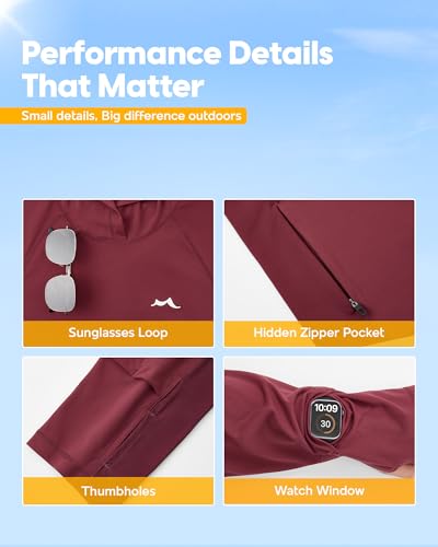 maamgic Men’s UPF 50+ Fishing Shirt Sun Hoodie with Detachable Face Mask, Long Sleeve UV Rash Guard - color: Claret, size: Large
