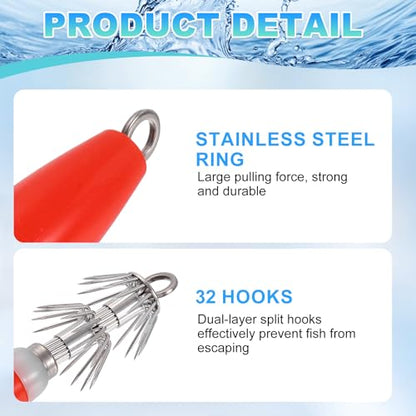 Luminous Squid Jig Hooks, Squid Jigs Saltwater Glow in Dark Dual-Layer Hooks - Fit for Cuttlefish Sleeve Night Fishing - color: Red