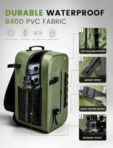 Floating Fishing Backpack IP68 Waterproof Submersible Zipper, Tackle Backpack Fits 2-3 3700 Tackle Boxes, 840D PVC Tackle Backpack with 3 Rod Holders, Fishing Accessories Gift for Men & Women
