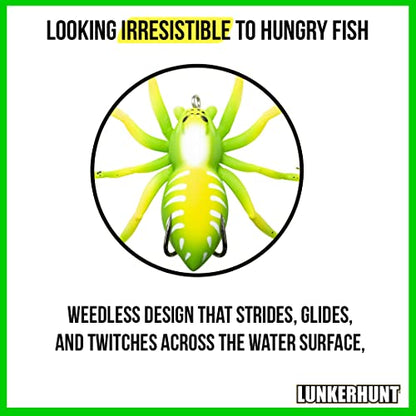 LUNKERHUNT Phantom Spider Lure for Bass Fishing (2.5 Inch) | Topwater Spider Fishing Lure with Natural Walking Action | Soft Hollow Body Weedless Hooks for Trout and Pike - color: Leaf