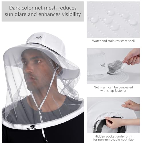 BASSDASH UPF 50+ Mosquito Sun Hat with Hidden Head Net and Neck Flap for Men Women Outdoor Fishing Hiking Camping - color: White