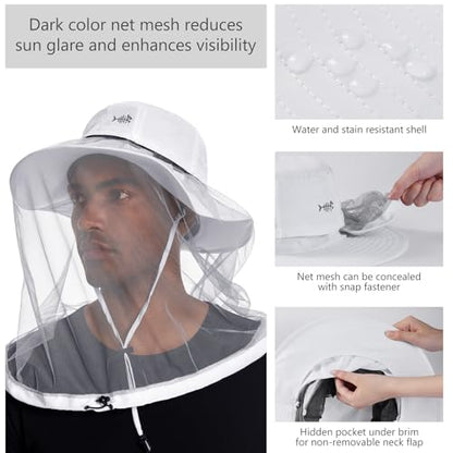 BASSDASH UPF 50+ Mosquito Sun Hat with Hidden Head Net and Neck Flap for Men Women Outdoor Fishing Hiking Camping - color: White