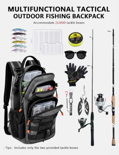 2 in 1 Compact Tactical Fishing Backpack with Tackle Boxes, Lightweight Waterproof Tackle Bag Fit 2 * 3600 Tackle Boxes, 2 Rod Holders Storage, Fishing Accessories Gift for Men Gray - color: Gray
