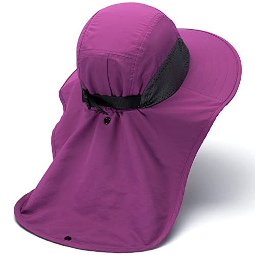 BASSDASH UPF 50+ Unisex Water Resistant Wide Brim Sun Hat with Large Neck Flap Ponytail Fishing Hat for Men Women - color: Purple Orchid