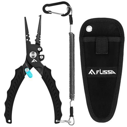 FLISSA Fishing Pliers, Safety Lock Design Fish Pliers Saltwater, Aluminum Hook Remover, Titanium 6Al-4V Jaw and Tungsten Carbide Line Cutters, Sheath & Lanyard, Fishing Gear Gifts for Men - size: 7.5-inch