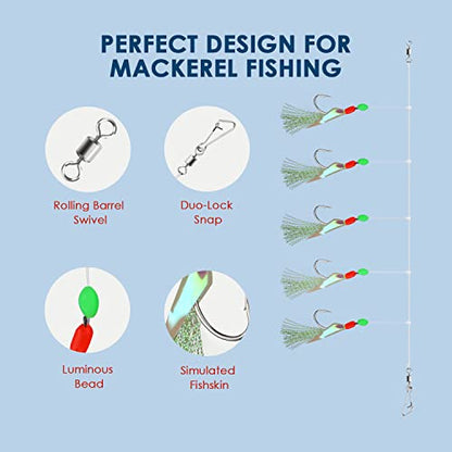 10 pcs Mackerel Feathers Rigs Saltwater, Pre-Tied Sea Fishing Bait Rigs with Luminous Colorful Feathers/Luminous Beads Bionic Flying Insects, Lure Rigs for Mackerel, Pollock, Cod, Bass - size: Hook Size 12+16+18, style: Style 1