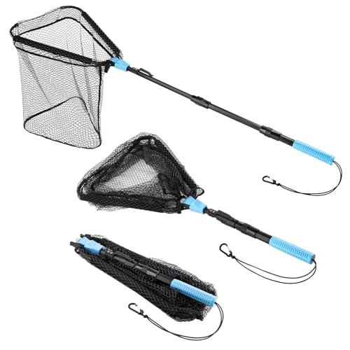 Calamus Triangle Fishing Net, Foldable, Lightweight & Strong Landing Net with Non-Slip Elastomer Handle, Built-in Elastic Lanyard and Belt Clip, Fishing Gear - Gift for Men - style: 44" Full - Floating Net (Telescopic Pole)