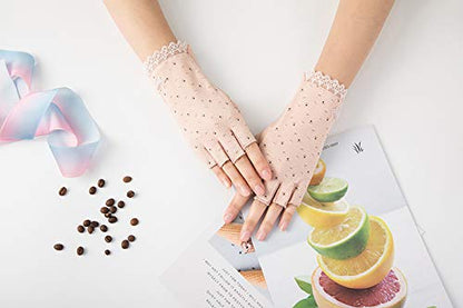 Gongxue 4 Pairs Women Sunscreen Fingerless Gloves UV Protection Driving Riding Fishing Cotton Mittens - color: Light Pink