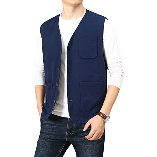 PRIJOUHE Men's Casual Outdoor Cotton Vest Lightweight Breathable Multi-Pocket Fishing Safari Travel Vests Outwear - color: 02-navy, size: Small